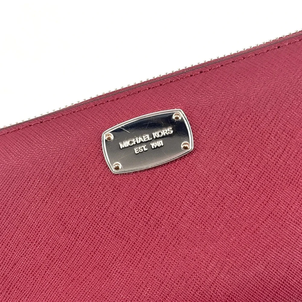 Michael Kors Large Zip Around Wallet Red Burgundy Silver Hardware